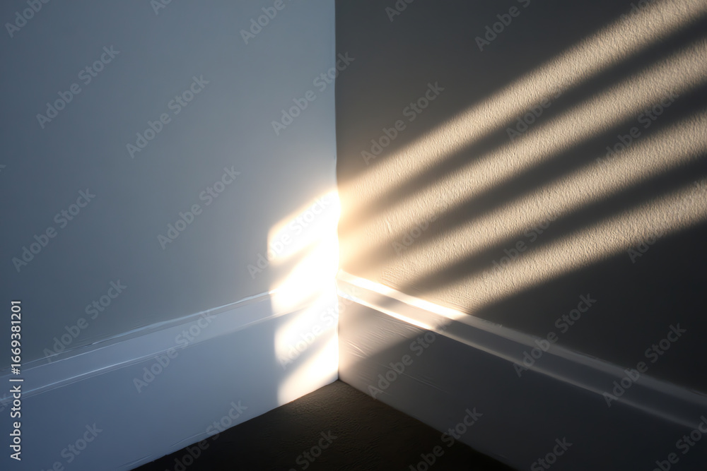 Poster sunlight streams through window blinds, casting striped shadows on the corner where two walls meet, 