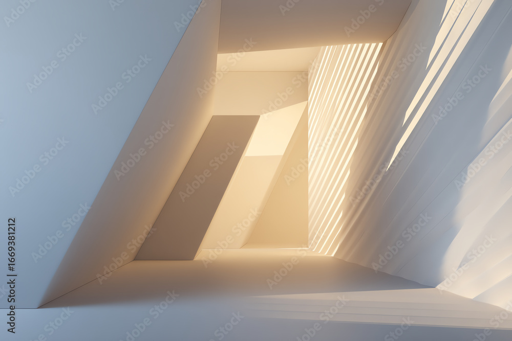Poster minimalist interior corridor with angled walls and soft natural light streaming through slatted open