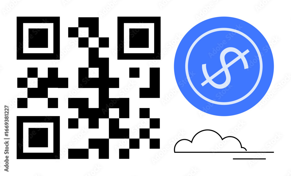 Poster qr code next to blue circular currency icon with dollar sign and minimalist cloud accent. ideal for 