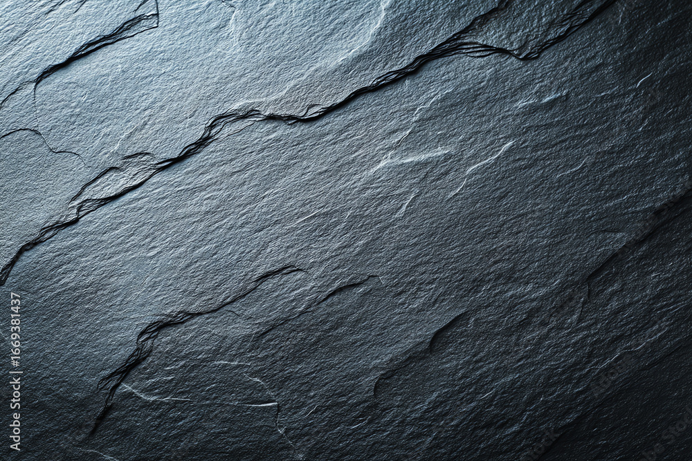 Poster close-up of dark gray textured slate stone surface with natural layered patterns and rough, uneven c