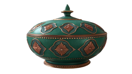Ornate green lidded vessel with copper accents isolated on a transparent background image