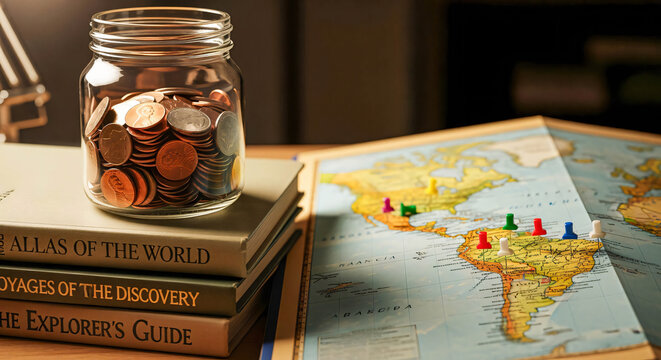 Travel Fund Jar with Atlas, Map, and Push Pins