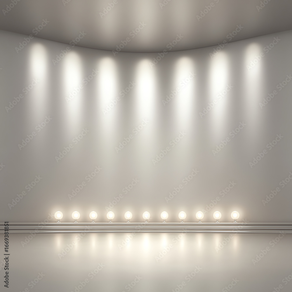 Poster minimalist empty room with curved wall, illuminated by two rows of soft white spotlights, creating a