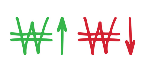 Hand drawn won currency symbol Growth and fall profit with arrow up and down Brush stroke doodle Element for design