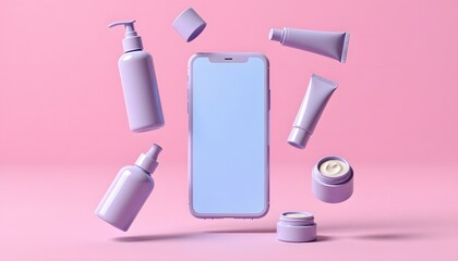 Mobile App Cosmetics Display Pastel Lavender products float around device. Mockup presentation of beauty, skin, health. Clean product render style