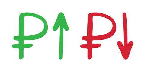 Hand drawn russian ruble currency symbol Growth and fall profit with arrow up and down Brush stroke doodle Element for design
