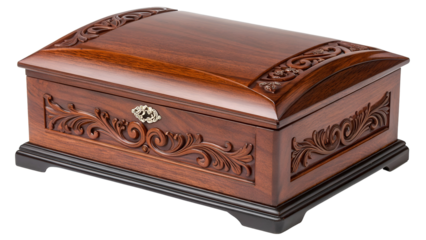 Ornate mahogany jewelry chest with carved details and brass clasp isolated on a transparent background