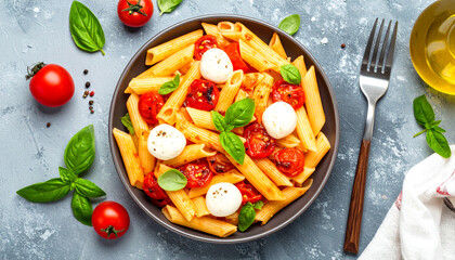 A delicious bowl of homemade Italian penne pasta with fresh cherry tomatoes, creamy mozzarella balls, and aromatic basil leaves