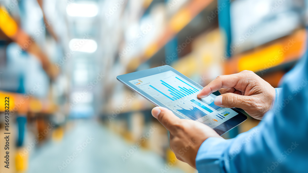 Poster a person using a tablet to analyze bar charts and data in a large warehouse with shelves stocked in 