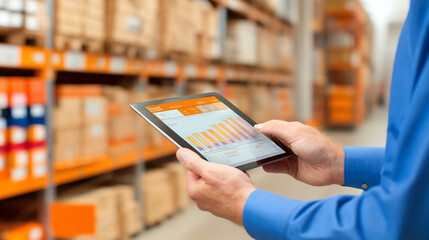 A person in a blue shirt uses a tablet displaying colorful graphs while standing in a warehouse filled with stacked boxes on shelves