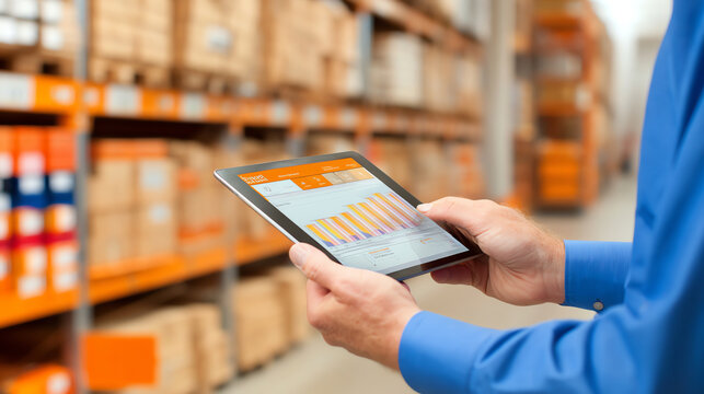 A person in a blue shirt uses a tablet displaying colorful graphs while standing in a warehouse filled with stacked boxes on shelves