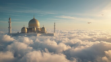 A majestic floating city of golden domes above the clouds