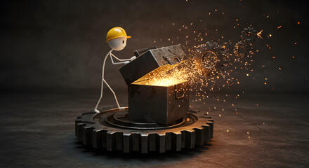 Stick figure worker opening a luminous box on a gear, with sparks flying, symbolizing innovation and discovery.