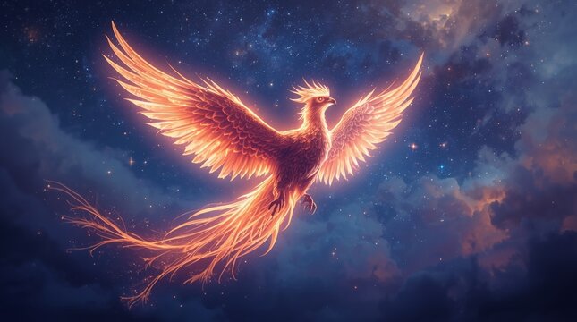 A radiant phoenix with fiery wings soaring across the night sky
