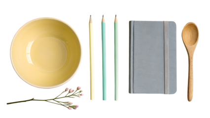 Pastel yellow bowl gray journal three pastel pens wooden spoon pink flower branch isolated on a transparent background