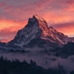 A majestic crown shaped mountain peak glowing under sunset