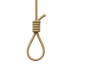 Isolated detailed illustration of a hangman's noose hanging from the top left, depicting a symbol of despair and tragic consequences on a white backdrop