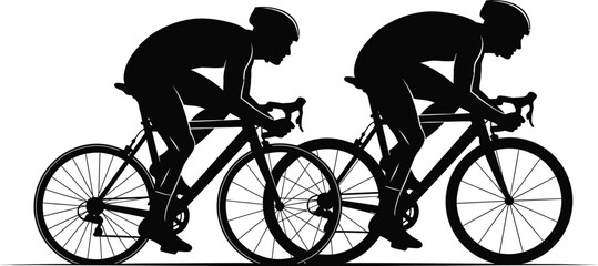 Obraz premium Dynamic cycling duo racing forward in sleek black silhouettes on white