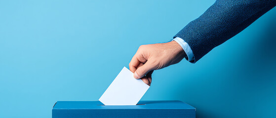 A person in a blue suit casts a vote by inserting a white ballot into a blue ballot box against a matching blue background, symbolizing the democratic voting process