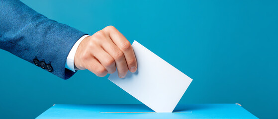 A person in a blue suit inserts a blank white card into a blue ballot box against a blue background, symbolizing voting or election participation