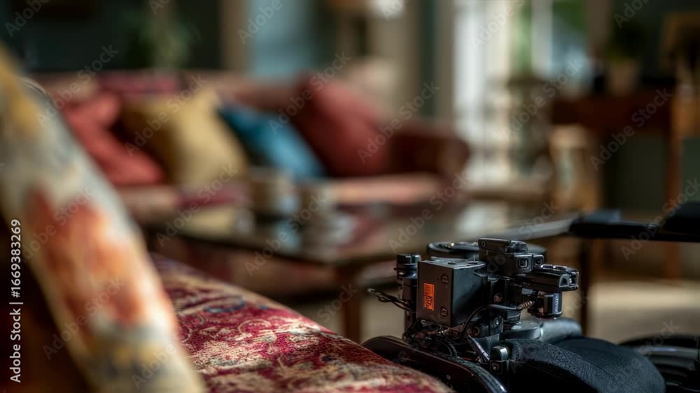 Poster Autonomous wheelchair in midmotion during LIDAR mapping within a cozy living room setting main focus on the sensor array and blurred cushions in the background.