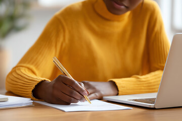 Person in yellow sweater writing on paper with a pen next to an open laptop on a wooden desk in a bright room