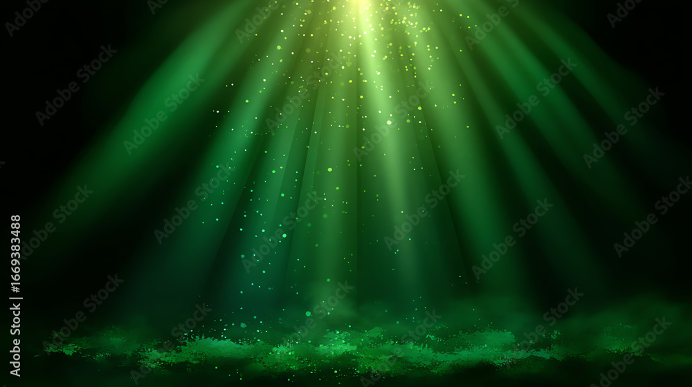 Poster green light beams shine down through particles in a dark space, creating an ethereal, glowing atmosp