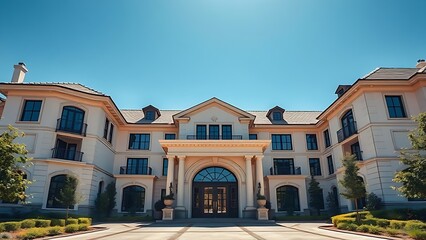 Elegant residence entrance with architectural details under a clear blue sky, exuding luxury.