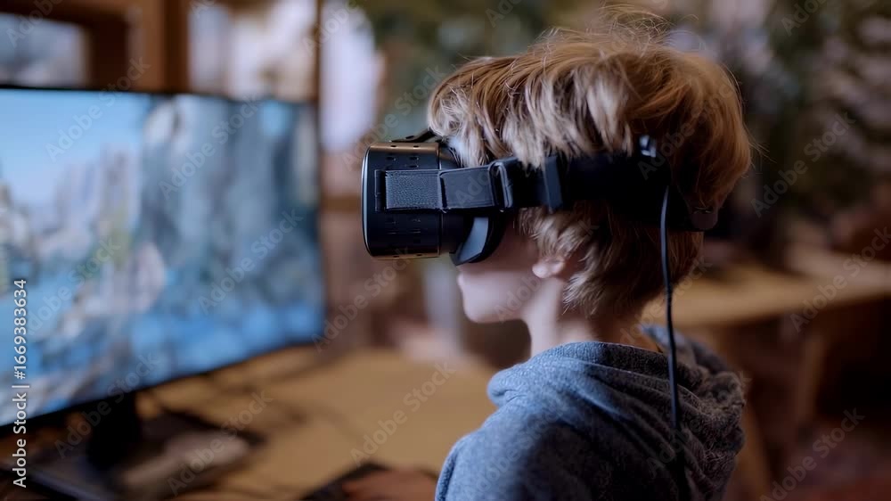 Poster focused medium shot of a child engaged with a vr program depicting ancestral storytelling while the 