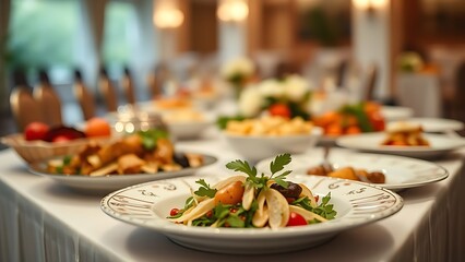 Gourmet wedding buffet table with decorative plates, focusing on a beautifully arranged centerpiece dish.