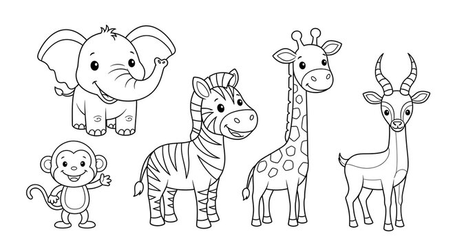 clean cartoon-style illustration featuring a group of cute African animals&mdash;an elephant, zebra, giraffe, monkey, and gazelle&mdash;designed with simple, bold outlines perfect for kids' coloring book pages