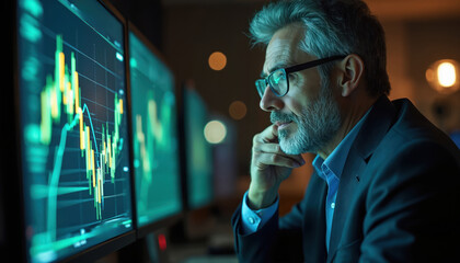 Middle-aged executive in suit analyzes financial data on computer monitors. Green, yellow stock market graphs display economic projections. Businessman wears glasses, contemplates charts in dark