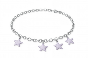 Silver bracelet dangling light purple star charms, suspended against transparent backdrop