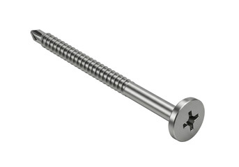 Isolated silver metallic self-drilling screw with pan head and drill tip on white background