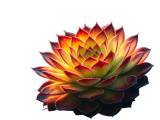 Succulent plant with fiery red and yellow petals against black isolated on a transparent background