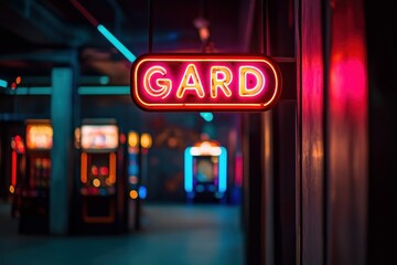 Fototapeta premium A close-up of a neon sign that reads arcade glowing in a dimly lit gaming venue, nostalgic and inviting atmosphere, clean and professional composition, copy space, stock photography 