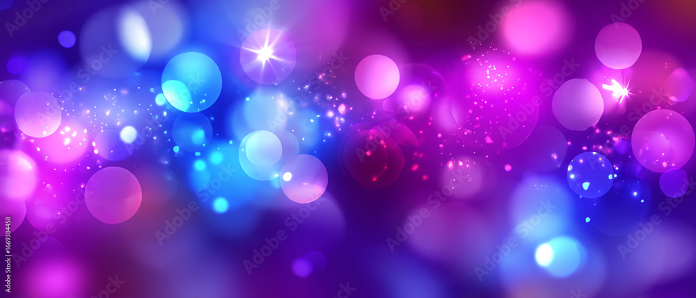 Poster abstract background with vibrant purple, blue, and pink bokeh lights creating a dreamy, glowing effe