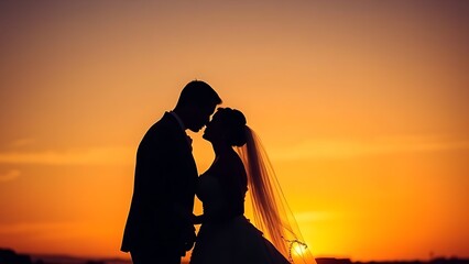 Bride and groom silhouetted against a sunset, capturing a romantic wedding moment.