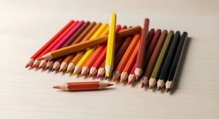 Fototapeta premium Colored Pencils Set ready for class in tutor table clean editorial