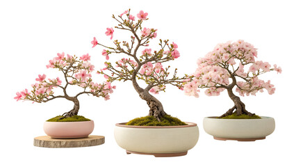 Three miniature maple bonsai trees with delicate pink blossoms isolated on a transparent background