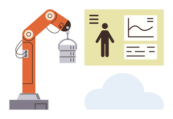 Robotic arm holding database unit, analytics dashboard with human icon and graph, cloud element. Ideal for AI, automation, robotics, data storage cloud computing industry 4.0 innovation. Clean