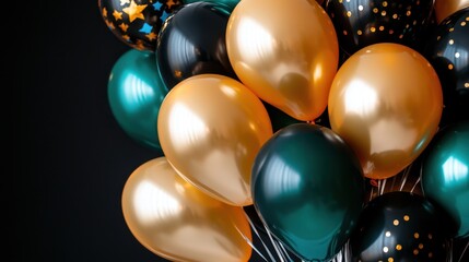 Vibrant gold and green balloons with starry black accents against dark background
