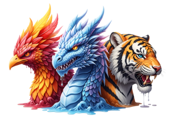 Fantasy creatures a phoenix, a dragon, and a tiger, isolated on transparent background