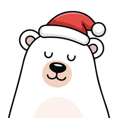 Flat cartoon polar bear face in hat and scarf vector illustration on blue background