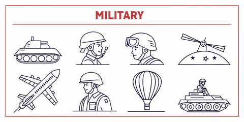 Military icons set in trendy linear style