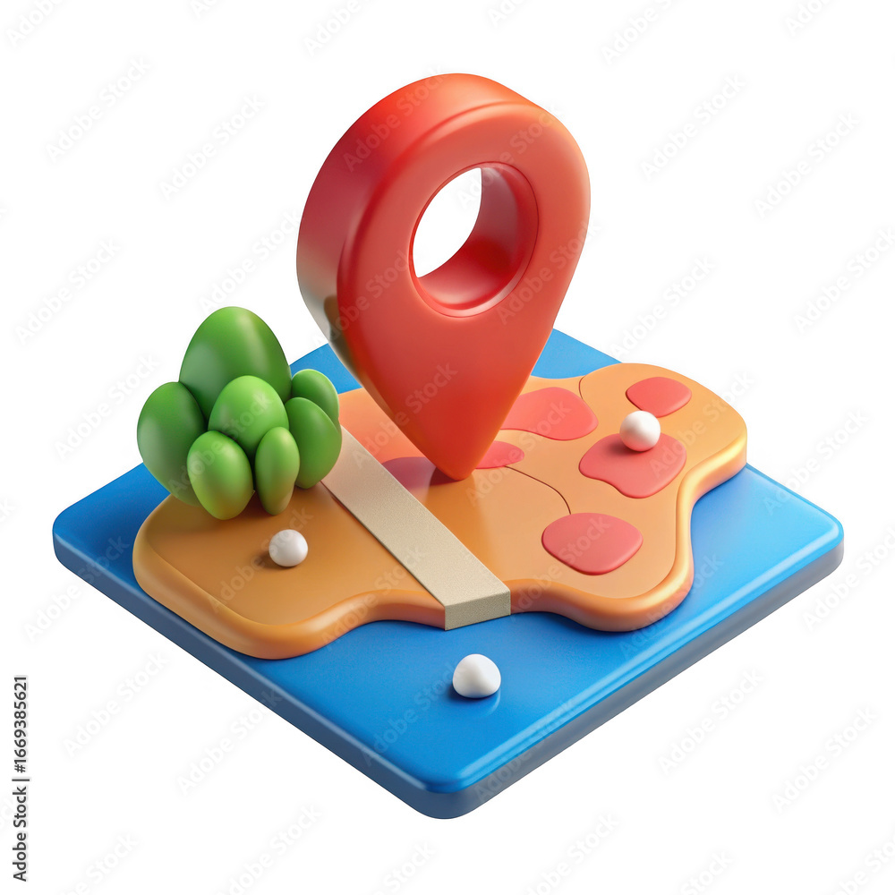 Poster 3d isometric location pin marker on miniature map with stylized trees and path journey concept trans