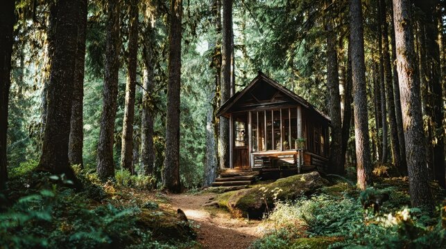 A rustic wooden cabin nestled within a dense forest, bathed in sunlight.