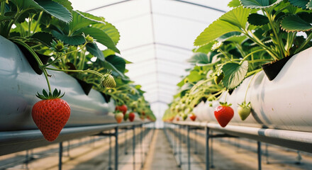Juicy red strawberries growing in a hydroponic system within a sunlit greenhouse, emphasizing freshness and natural beauty for advertising.