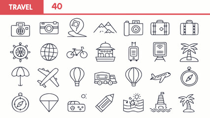 Travel icon set with camera, suitcase, airplane, and other travel elements