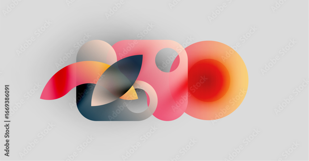 Poster abstract shapes overlap, creating colorful gradients. soft hues blend, forming dynamic composition o